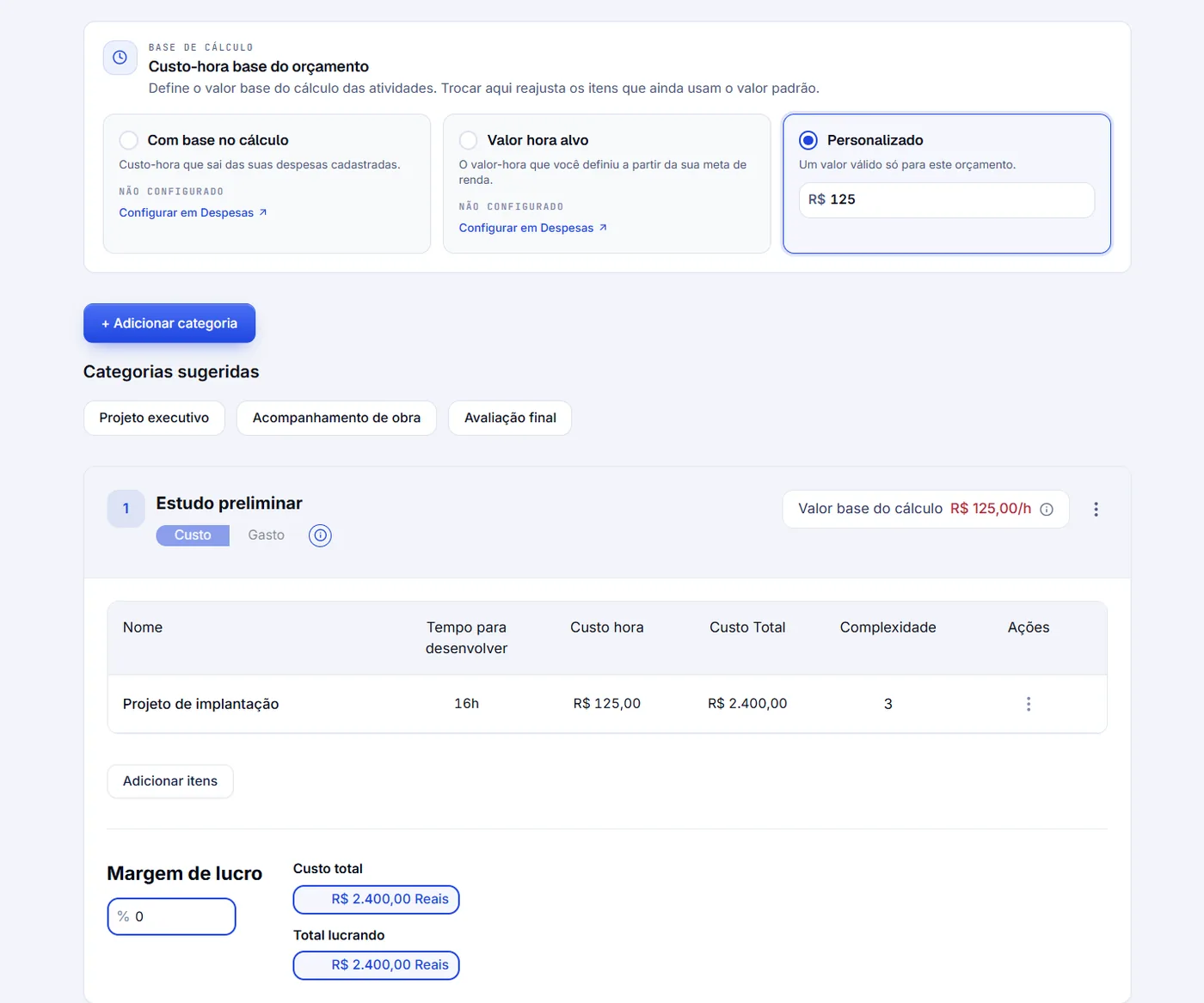 Custo-hora base, categorias sugeridas e atividades da etapa Estudo preliminar.
